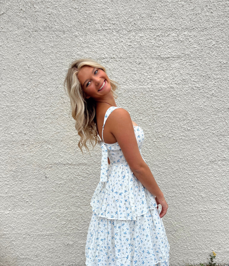 FLORAL SLEEVELESS CORSET RUFFLE TIERED MIDI DRESS