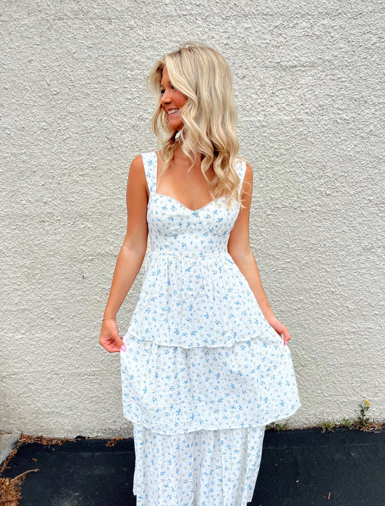 FLORAL SLEEVELESS CORSET RUFFLE TIERED MIDI DRESS
