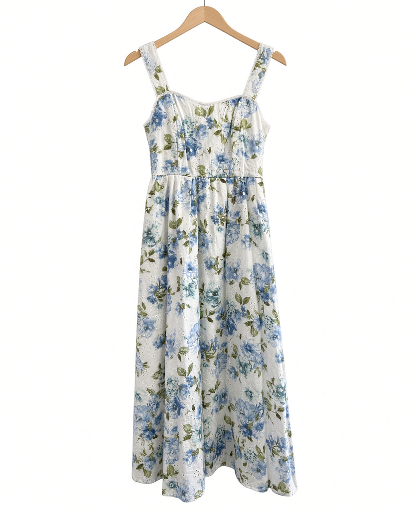Floral Eyelet Pattern Scallop Lace Trim Midi Dress