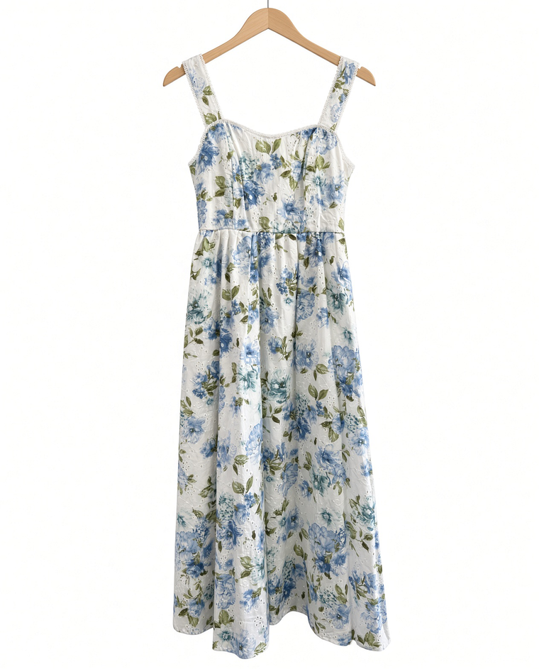 Floral Eyelet Pattern Scallop Lace Trim Midi Dress