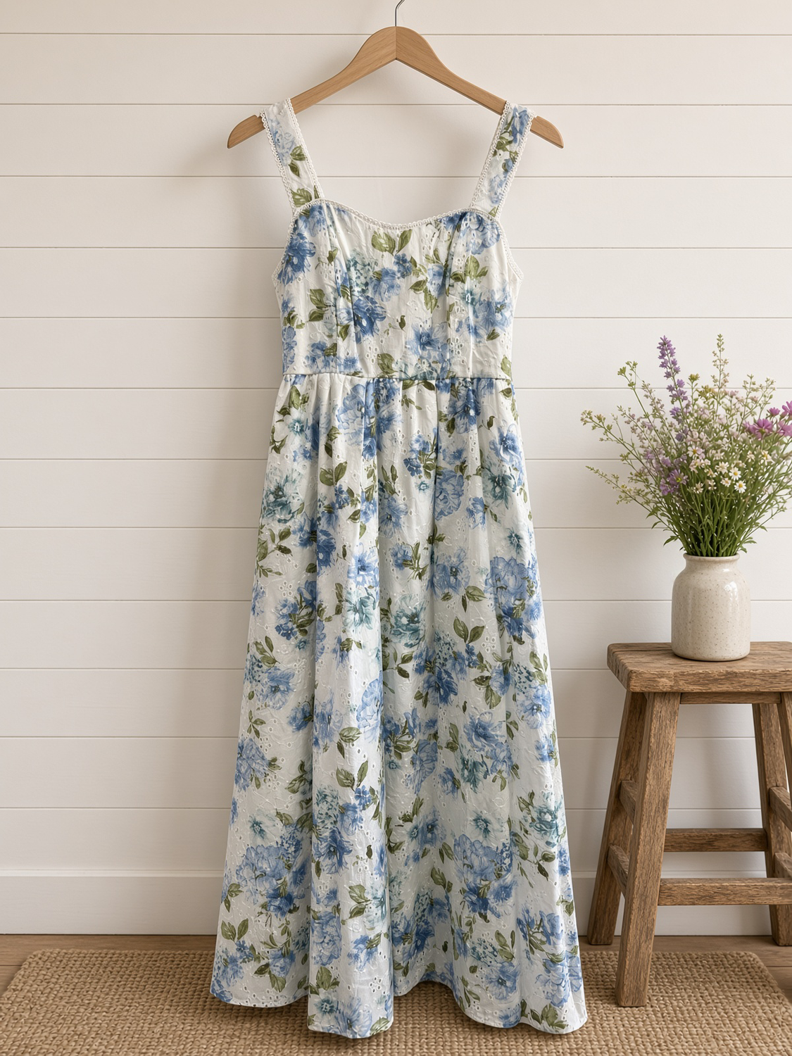 Floral Eyelet Pattern Scallop Lace Trim Midi Dress