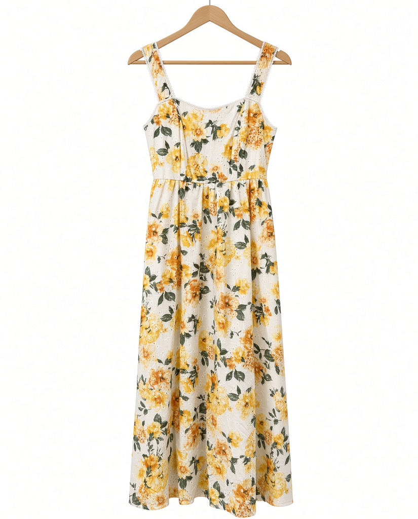 Floral Eyelet Pattern Scallop Lace Trim Midi Dress
