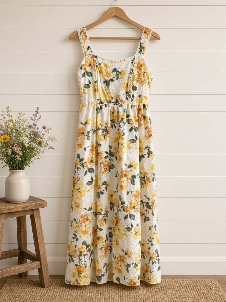 Floral Eyelet Pattern Scallop Lace Trim Midi Dress