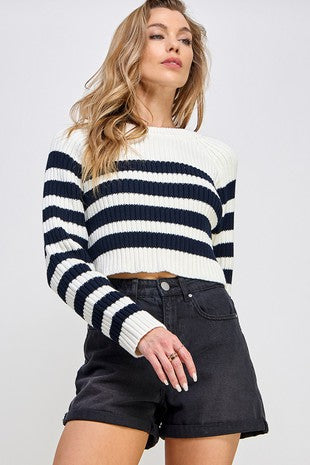 STRIPE RIBBED CROP SWEATER PULLOVER