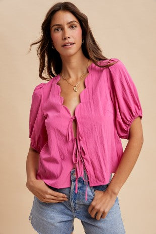 Scallop Detailed Neck Tie Front Blouse