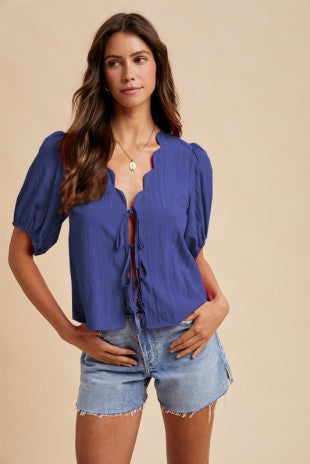 Scallop Detailed Neck Tie Front Blouse