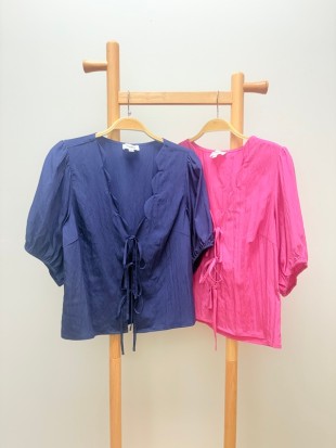 Scallop Detailed Neck Tie Front Blouse