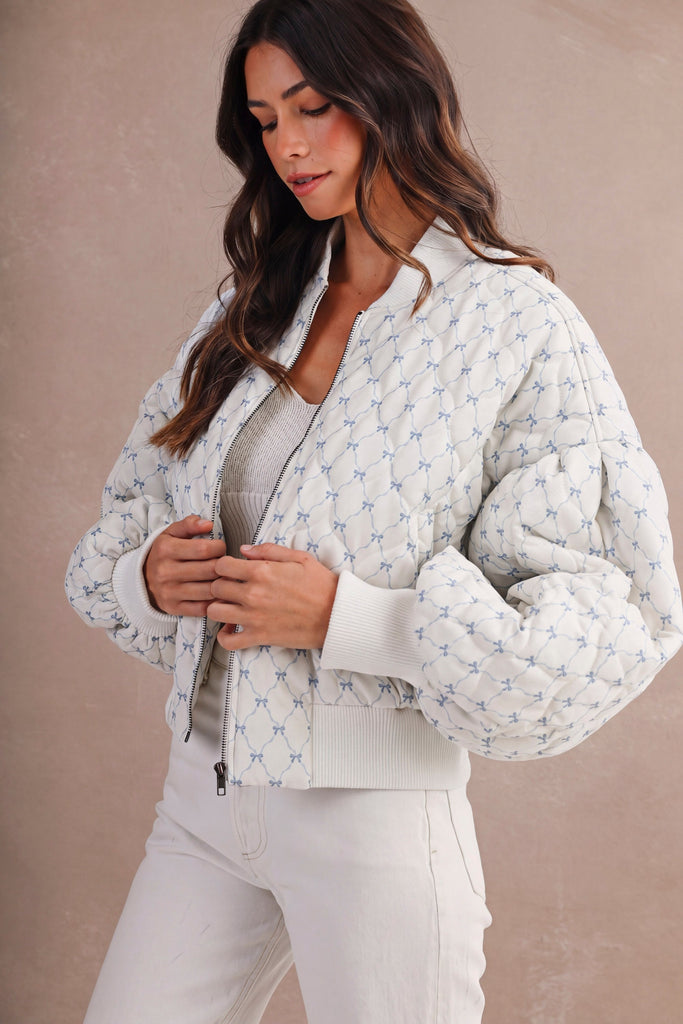 Bow Ribbon Print Oversized Bomber Jacket
