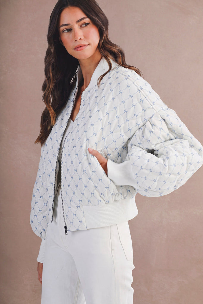 Bow Ribbon Print Oversized Bomber Jacket