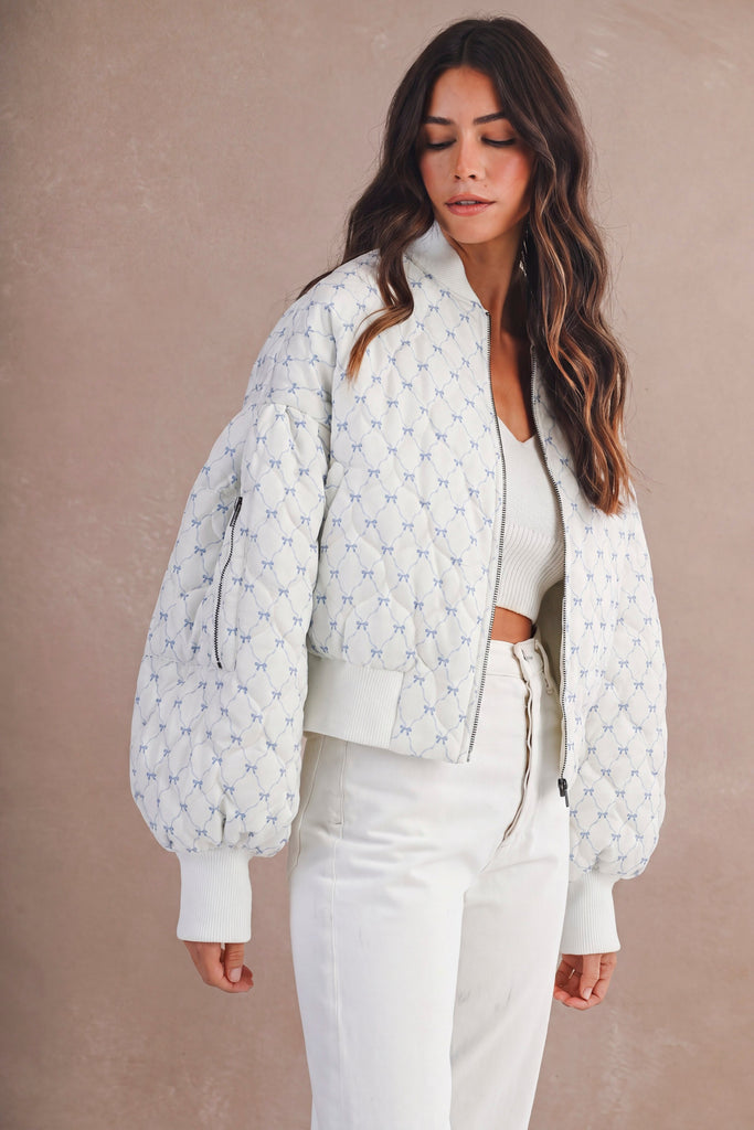 Bow Ribbon Print Oversized Bomber Jacket