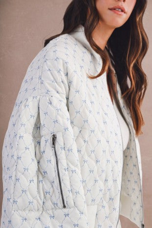 Bow Ribbon Print Oversized Bomber Jacket
