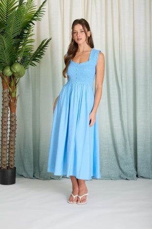 Sweetheart Smocked Mock Button Midi Dress