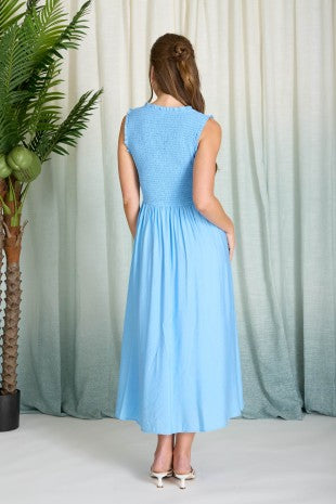 Sweetheart Smocked Mock Button Midi Dress