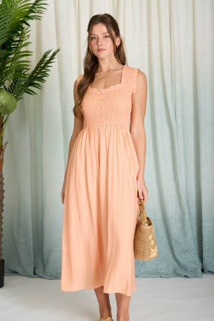 Sweetheart Smocked Mock Button Midi Dress