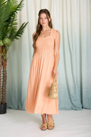 Sweetheart Smocked Mock Button Midi Dress