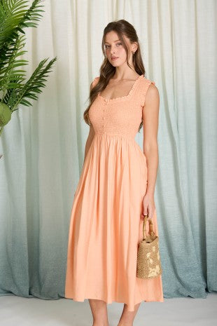 Sweetheart Smocked Mock Button Midi Dress