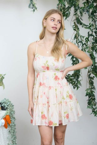 Floral Spaghetti Strap Tiered Back Tie Mini Dress