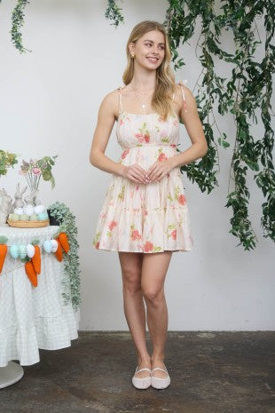 Floral Spaghetti Strap Tiered Back Tie Mini Dress