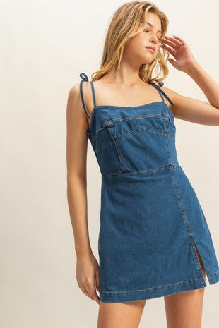 Washed Denim Self-Tie Strap Romper