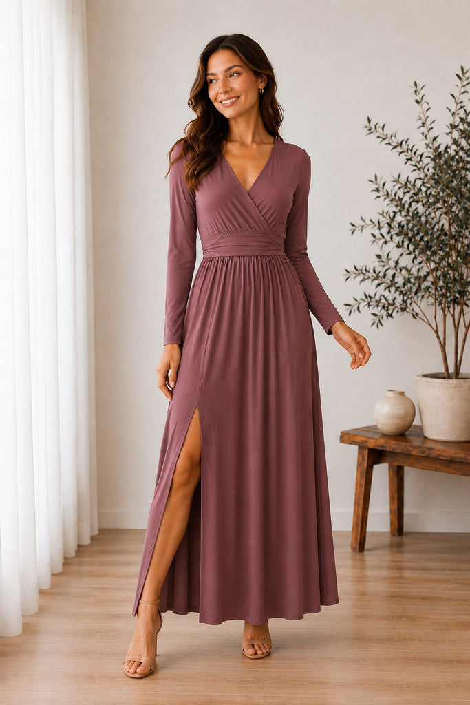 Long Sleeve Long Dress With Front Slit