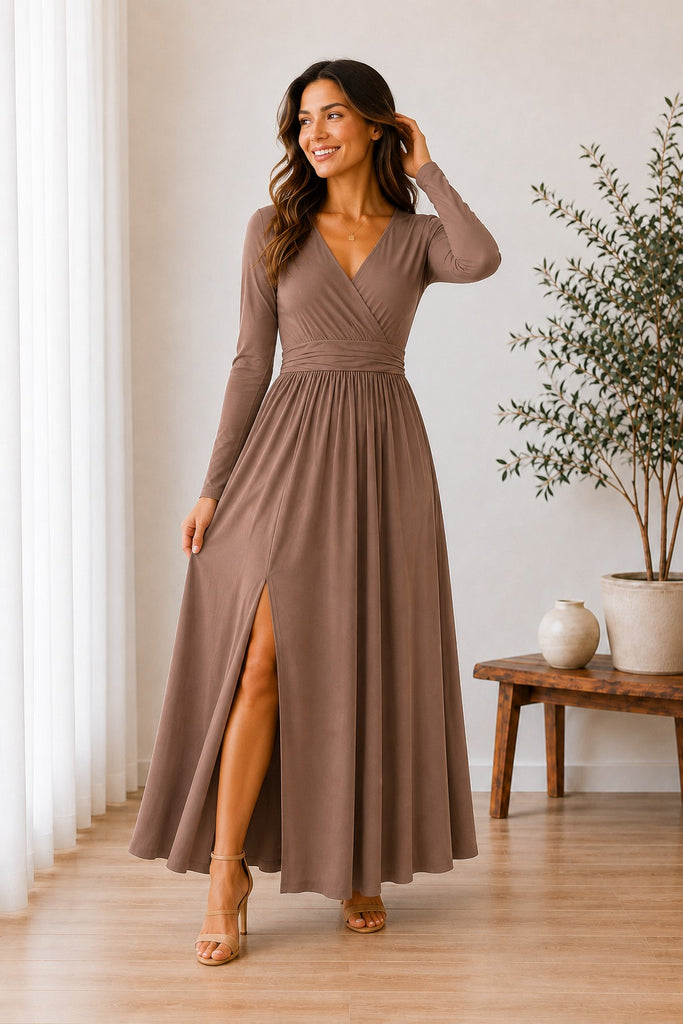 Long Sleeve Long Dress With Front Slit