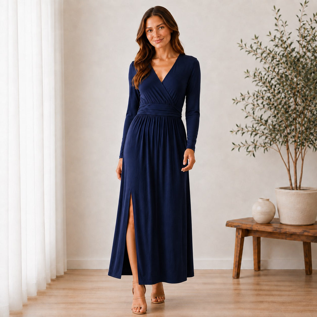 Long Sleeve Long Dress With Front Slit