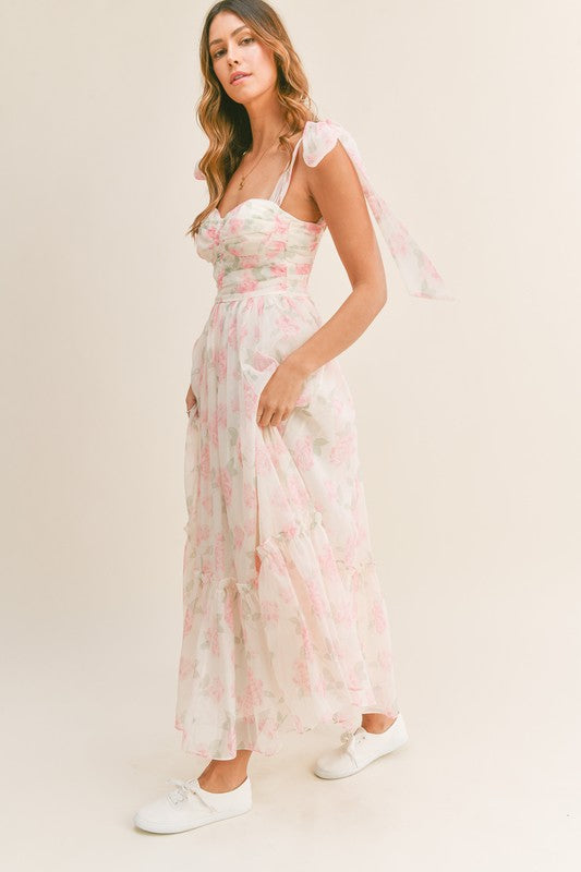 FLORAL BUST RUCHED MIDI DRESS WITH SHOULDER TIE