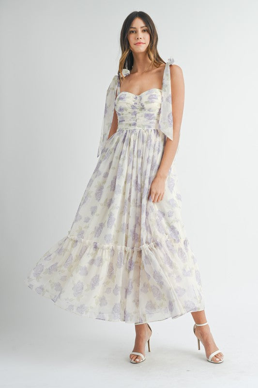 FLORAL BUST RUCHED MIDI DRESS WITH SHOULDER TIE