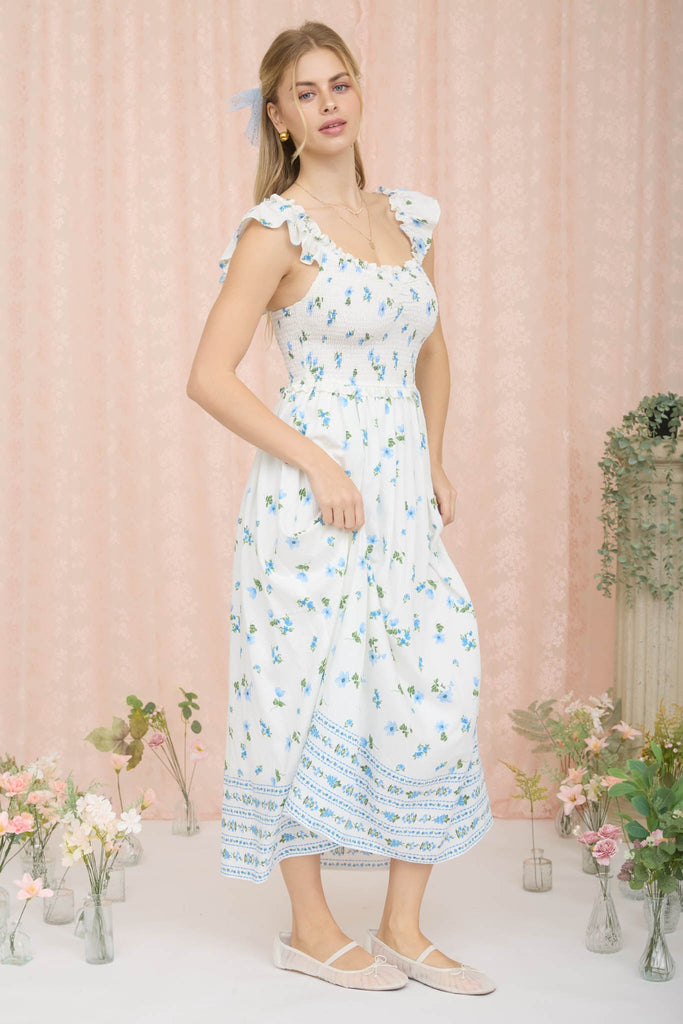 Floral Smocked Ruffle Detail Sleeveless Midi Dress