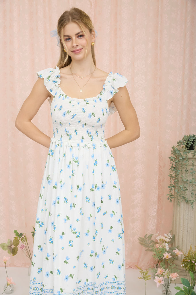 Floral Smocked Ruffle Detail Sleeveless Midi Dress