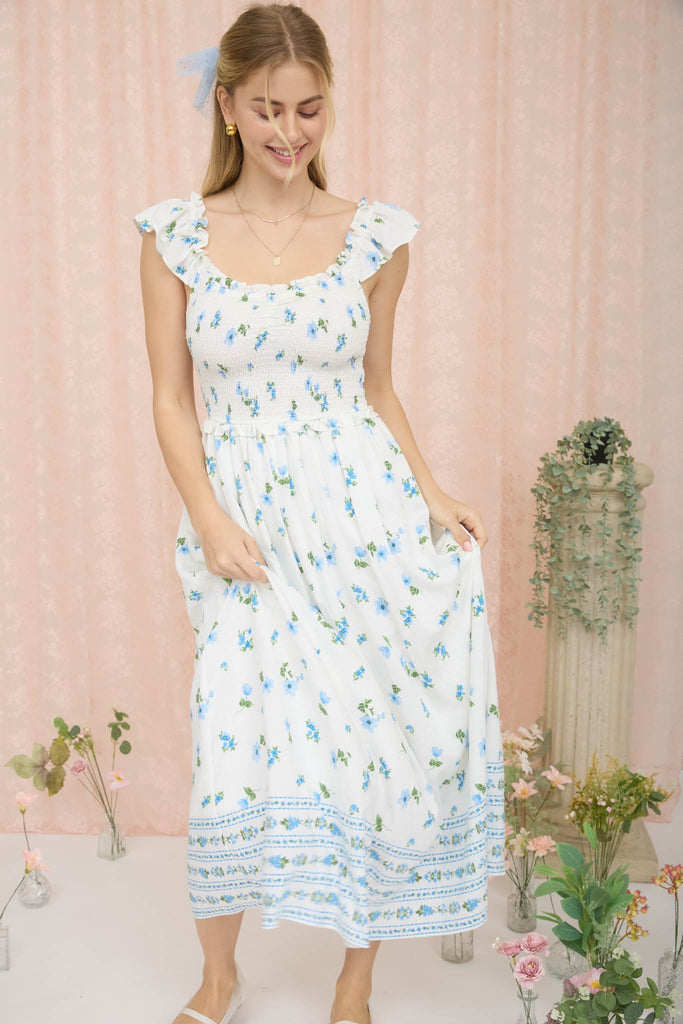 Floral Smocked Ruffle Detail Sleeveless Midi Dress