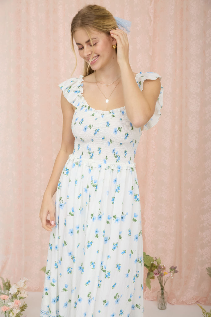 Floral Smocked Ruffle Detail Sleeveless Midi Dress