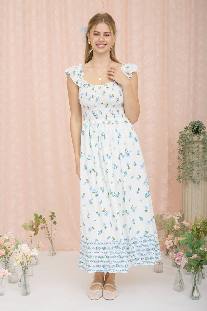 Floral Smocked Ruffle Detail Sleeveless Midi Dress