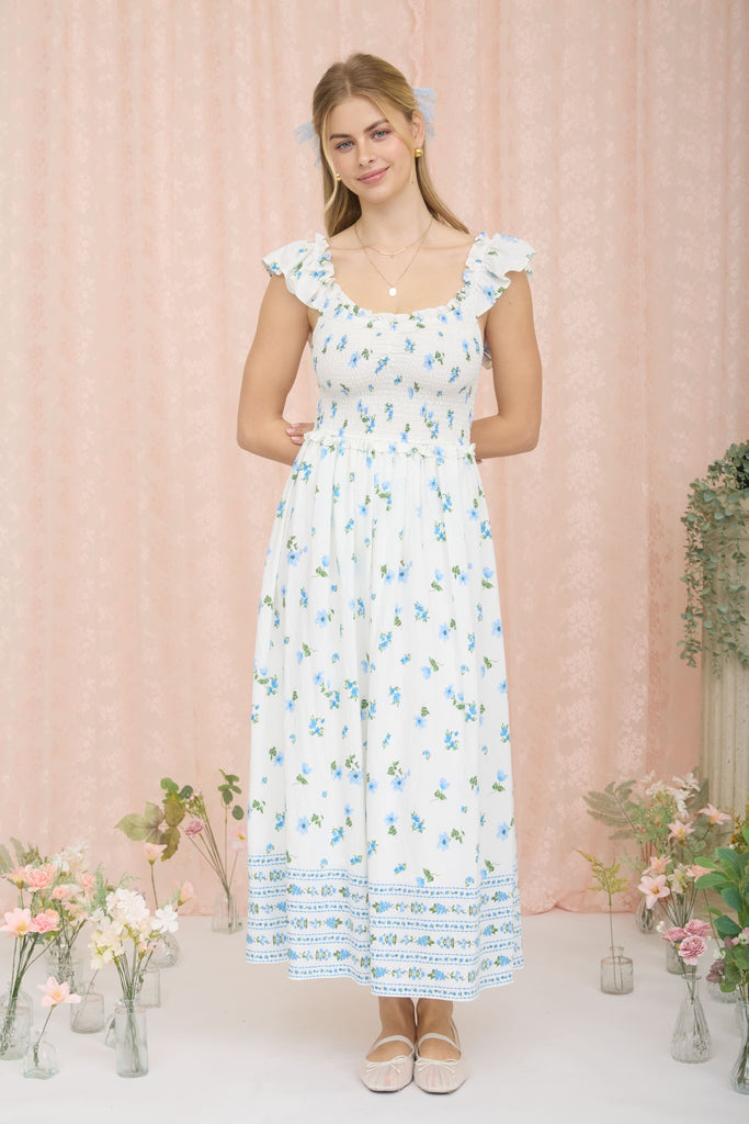 Floral Smocked Ruffle Detail Sleeveless Midi Dress