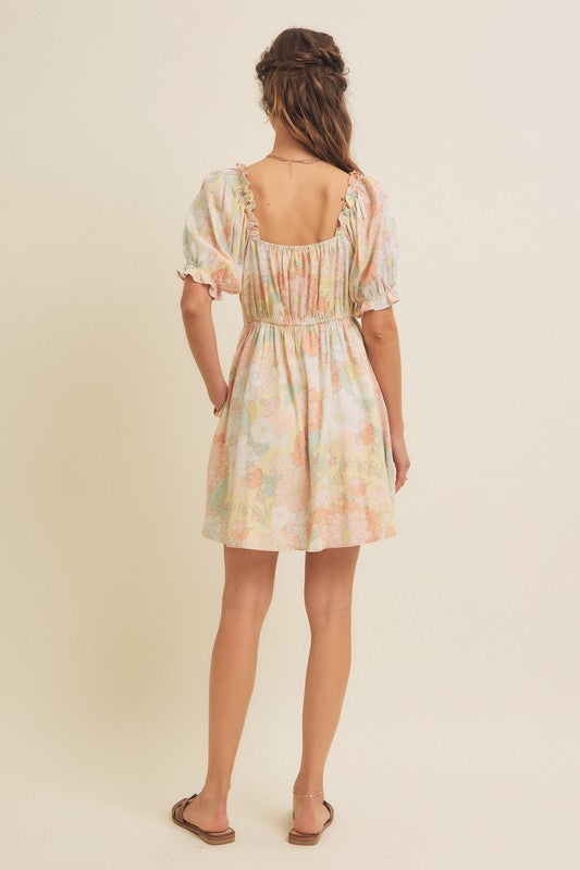 FRONT RUCHED FLORAL MINI DRESS WITH PUFF SLEEVES