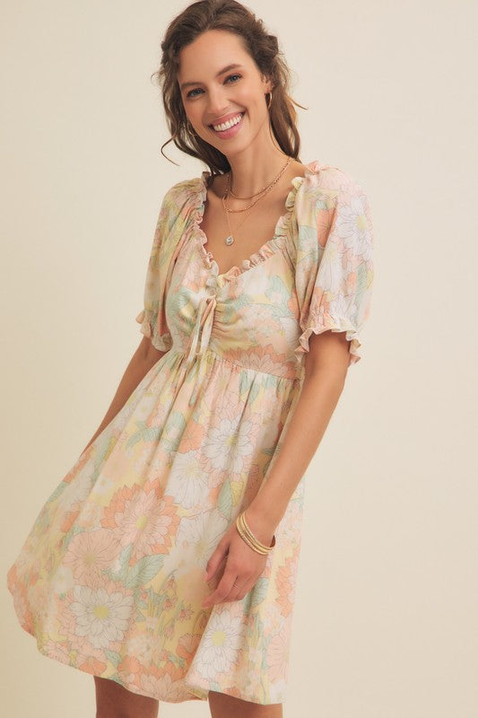 FRONT RUCHED FLORAL MINI DRESS WITH PUFF SLEEVES