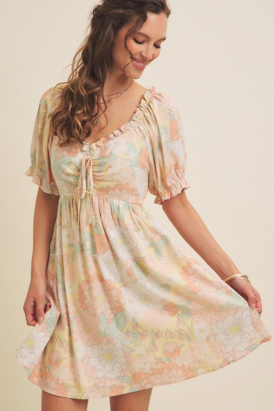 FRONT RUCHED FLORAL MINI DRESS WITH PUFF SLEEVES