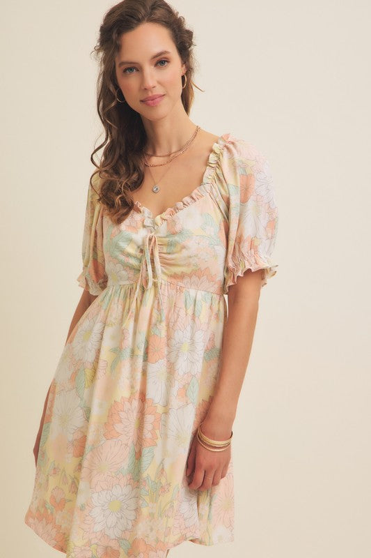 FRONT RUCHED FLORAL MINI DRESS WITH PUFF SLEEVES