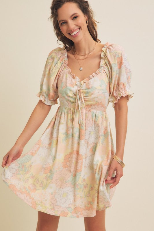 FRONT RUCHED FLORAL MINI DRESS WITH PUFF SLEEVES