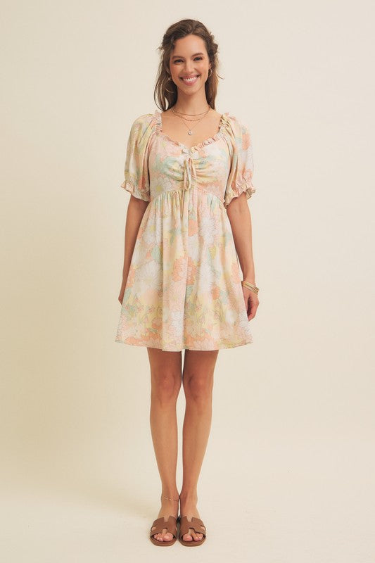 FRONT RUCHED FLORAL MINI DRESS WITH PUFF SLEEVES