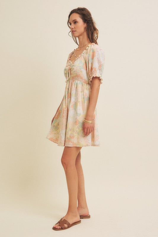 FRONT RUCHED FLORAL MINI DRESS WITH PUFF SLEEVES