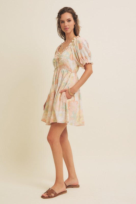 FRONT RUCHED FLORAL MINI DRESS WITH PUFF SLEEVES