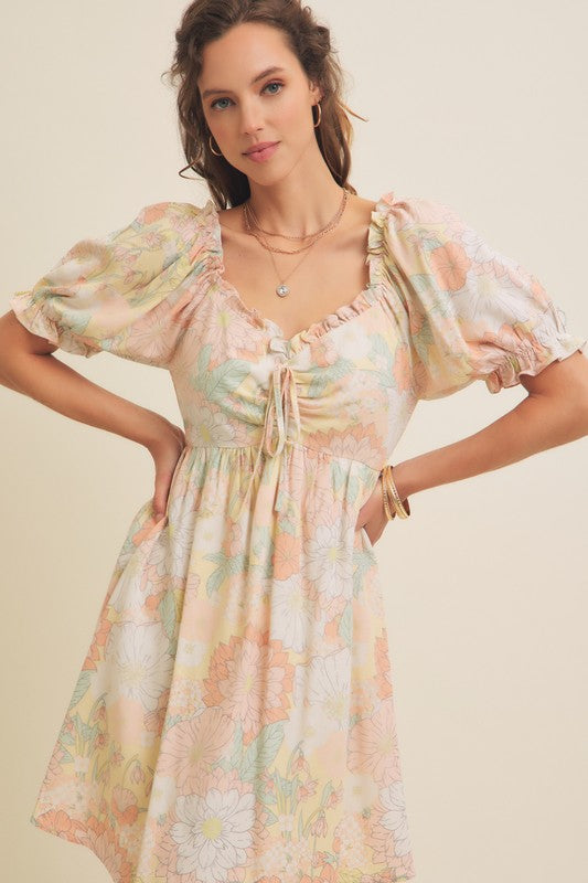 FRONT RUCHED FLORAL MINI DRESS WITH PUFF SLEEVES