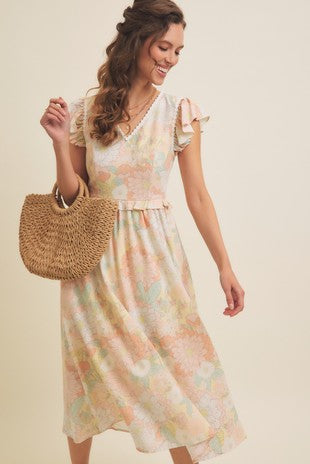 FLORAL LINEN BLEND FLUTTER SLEEVED MIDI DRESS