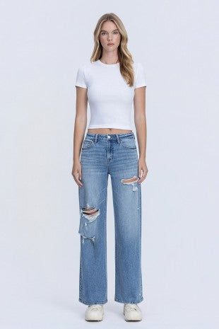 High Rise Medium Wash Distressed Wide Leg Jeans