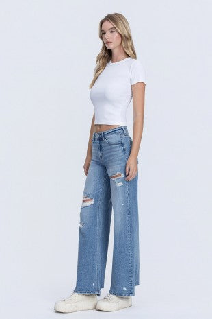 High Rise Medium Wash Distressed Wide Leg Jeans