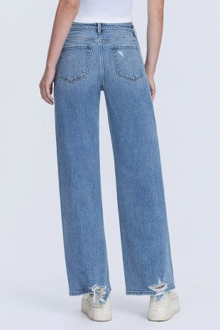 High Rise Medium Wash Distressed Wide Leg Jeans