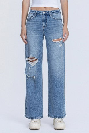 High Rise Medium Wash Distressed Wide Leg Jeans