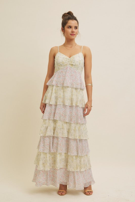 FLORAL TIERED RUFFLE MAXI DRESS WITH SMOCKED BACK