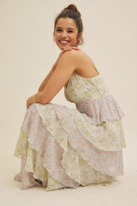 FLORAL TIERED RUFFLE MAXI DRESS WITH SMOCKED BACK